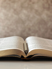 Obraz premium Open holy bible book with golden pages and pen on white desk. Copy space. Christian study, reading Scriptures, biblical concept.