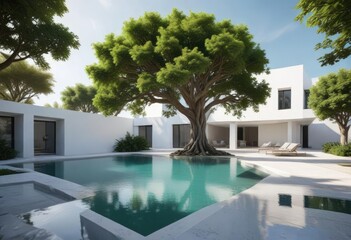 Fototapeta premium white building with a majestic tree and a tranquil pool as its centerpiece, white building, outdoor, pool