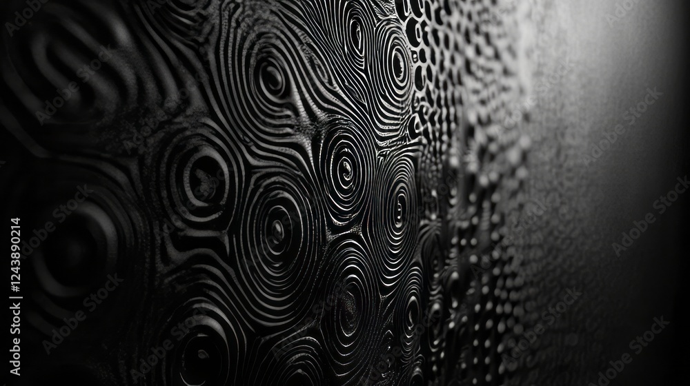 Poster 3d embossed black wallpaper with a pattern of circles and swirls, creating an abstract texture that 