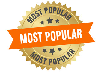 most popular. most popular round orange and gold label isolated on transparent background