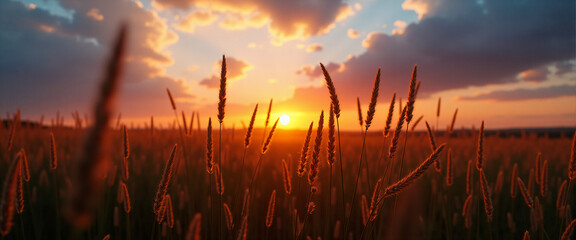 A landscape photograph of wild grass growing in a open field