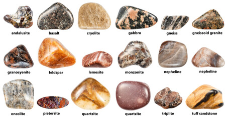 red brown polled minerals with names isolated
