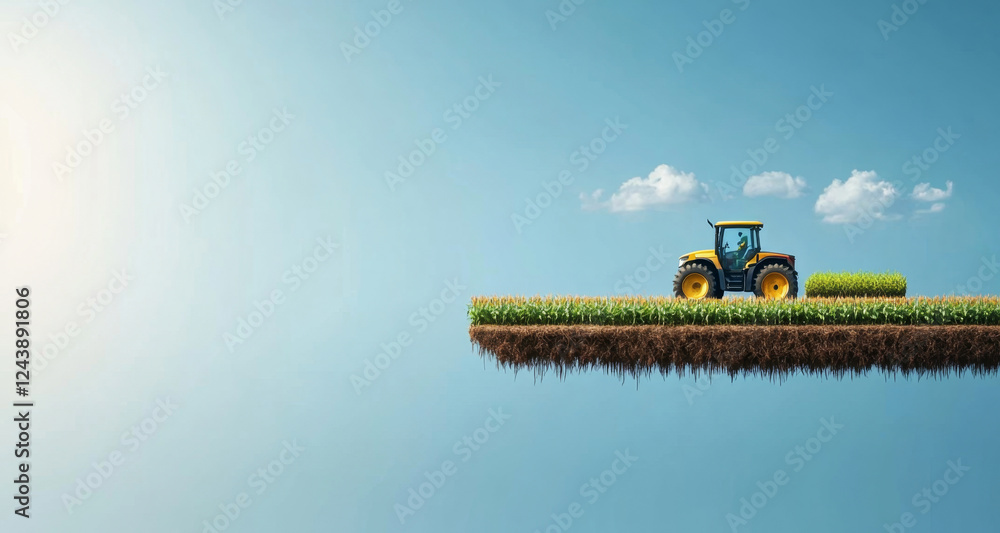 Poster a modern tractor efficiently works in expansive green fields, showcasing the integration of technolo