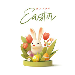 Beautiful banner for Easter greetings. 3D bunny, flowers, podium. For advertising on social networks pand romotional products. Icon. Vector illustration.