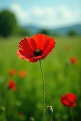 Fiore rosso isolato nel mezzo di un campo verde, nature, red flower in green field, papaver