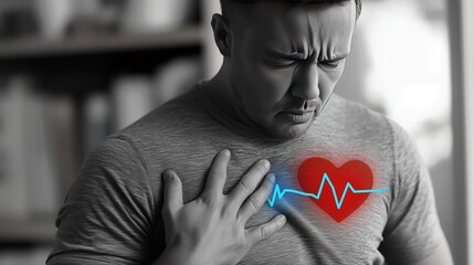 Man with hand on chest, with a visual representation of a heart and heartbeat line, indicating possible heart - related discomfort.