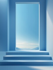 Obraz premium Modern luxury studio with abstract white and blue gradient background creating a serene atmosphere