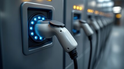 Close-up of an electric vehicle charging station with illuminated connectors and a modern backdrop