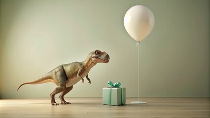 A dinosaur discovers a birthday present and a balloon in a room