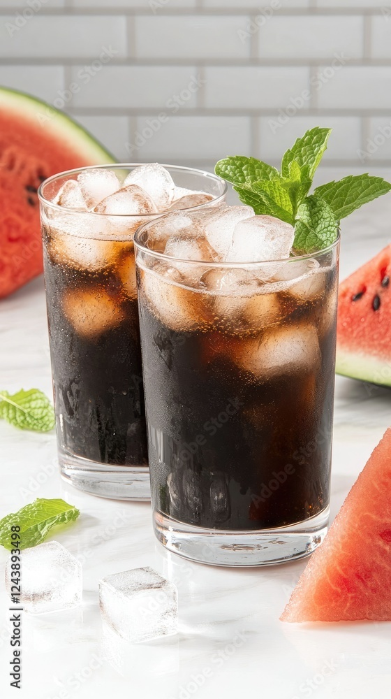 Poster refreshing watermelon and cola drinks served on a marble countertop with sliced watermelon in the ba