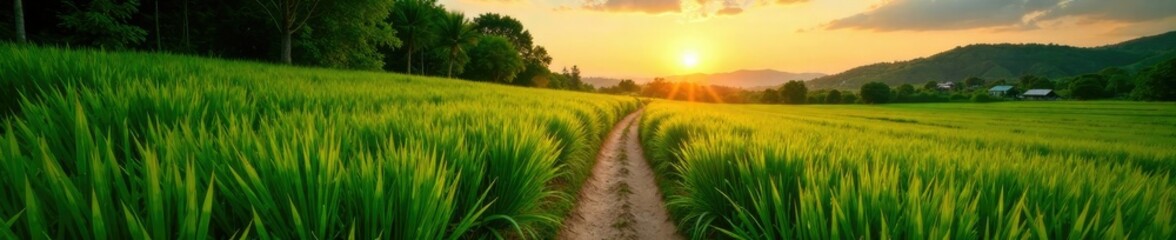 Fototapeta premium Winding bamboo path through lush green grassland at sunset, sunset, grassland, environment