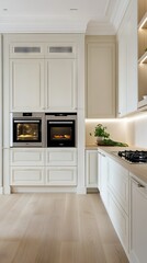 Fototapeta premium Experience the beauty of an elegant modern kitchen, complete with integrated appliances and inviting warm lighting, all within a spacious home environment