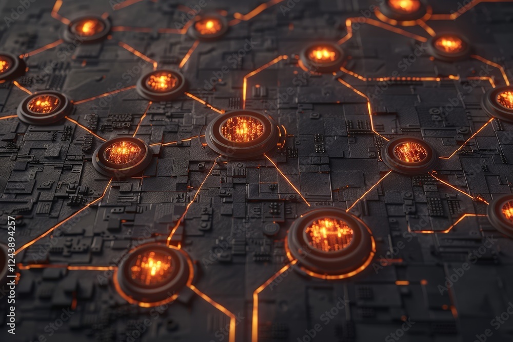 Poster a futuristic digital network featuring glowing nodes and intricate circuitry, highlighting interconn