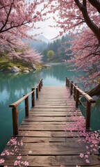 Fototapeta premium Wooden bridge under blooming cherry blossom trees by serene lake, wooden walkway, blossoms in bloom, countryside view