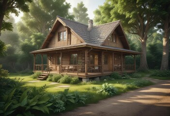 Wooden cabin with cozy porch surrounded by lush greenery, shelter, greenery
