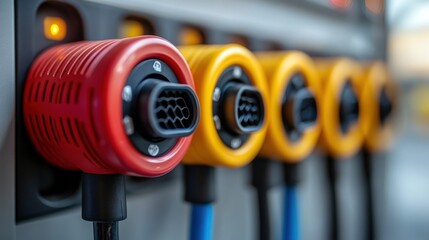 Close-up view of electric vehicle charging connectors, showcasing vibrant colors and detailed design