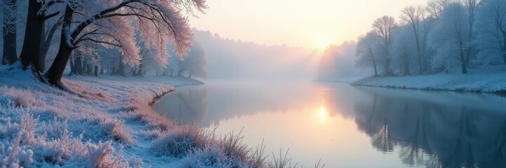 Frosty morning on the riverbank with icy mist, cold, mist