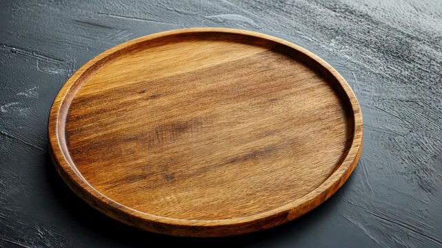 Rotating wooden pizza board on textured gray surface