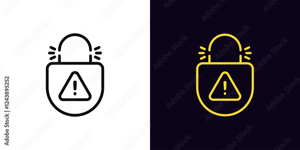 Poster outline lock picking icon, with editable stroke. broken lock with danger warning, destroyed digital 