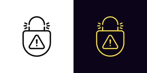 Outline lock picking icon, with editable stroke. Broken lock with danger warning, destroyed digital protection. Security hacking, cyber attack guard, hacked protection of private data. Vector icon
