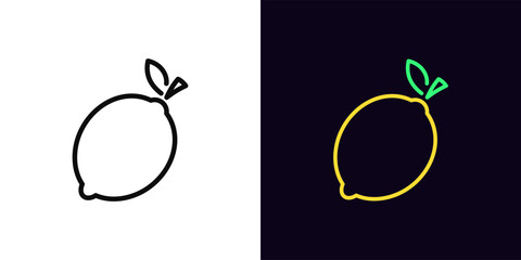 Outline lemon icon, with editable stroke. Lemon fruit with leaf, outline silhouette. Ripe citrus fruit, lemon garden, organic food, fruit diet, summer vitamins, lime fresh, health food. Vector icon