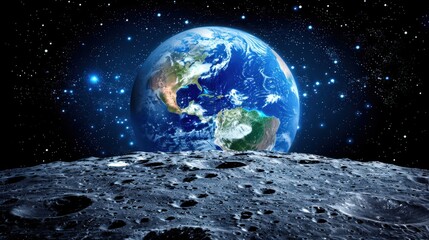 A breathtaking view of Earth from the Moon, showcasing a cosmic backdrop filled with stars and the lunar surface in the foreground.