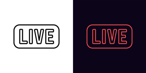 Outline Live text icon, with editable stroke. Live tag with frame. Livestream sport game, live play. Music radio on air, live broadcast interview. News and tv show on air, live podcast. Vector icon