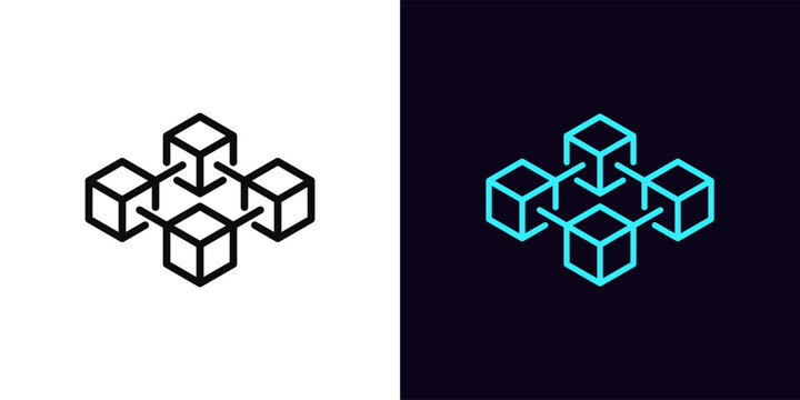 Outline block chain icon, with editable stroke. Blockchain architecture, cube blocks structure with connections. Smart blockchain technology integration, encryption data, digital storage. Vector icon