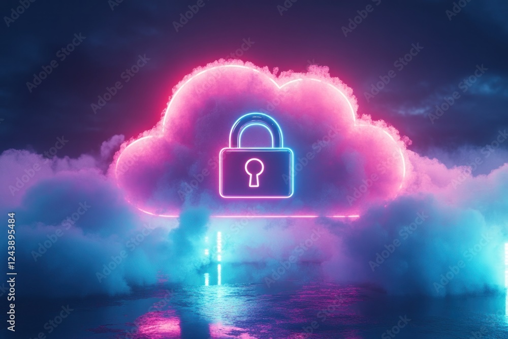 Poster neon cloud with lock symbol representing data security and privacy in digital era