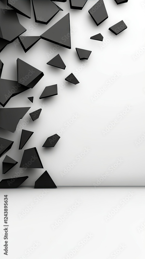 Poster abstract black triangular shapes breaking through a white wall creating a dynamic visual experience 