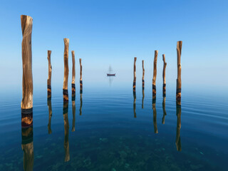 Wooden poles protruding from clear lake with ship on horizon, peaceful, ship, wooden poles, tranquil, horizon