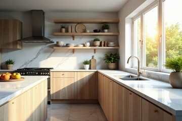 Fototapeta premium Light pours through the kitchen window on marble countertops, kitchen, open shelving, countertop