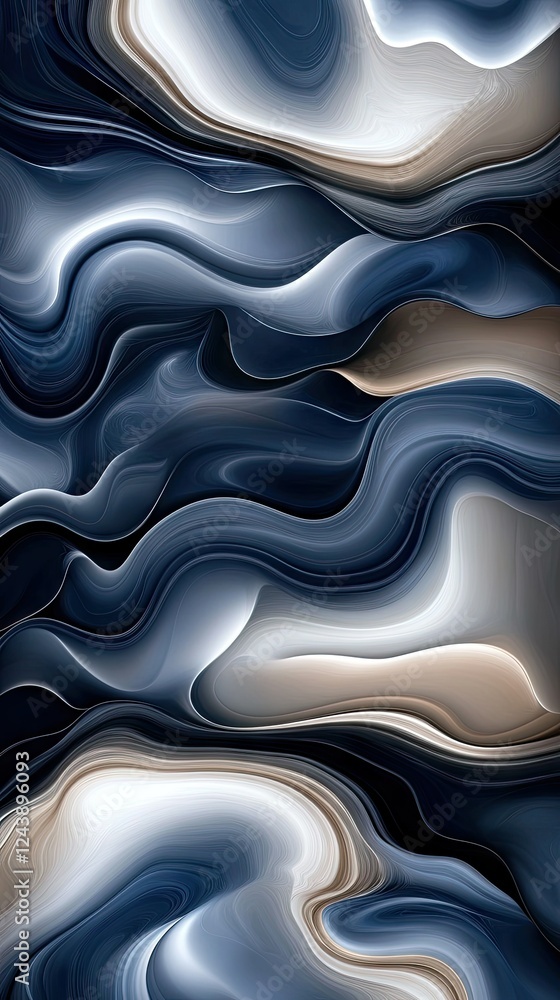 Poster abstract fluid waves create a mesmerizing interplay of dark blues and soft neutrals in a contemporar