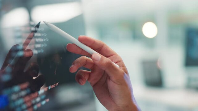 Person, hand or code with HTML on computer screen for software development, web design or hyperlinks at office. Closeup, programmer or app developer with pen or frontend UI for programming website
