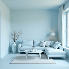 Interior Room in Monochrome Pastel Blue – Furniture and Room Accessories Design