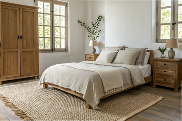 Neutral Cozy Minimalism, A serene bedroom featuring a wooden bed, cozy linens, natural light, and minimalist decor, creating a calming and inviting atmosphere.