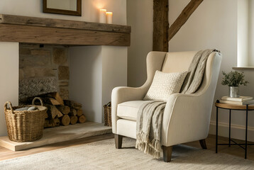 Neutral Cozy Minimalism, A cozy, stylish living room featuring a comfortable chair, rustic fireplace, decorative pillows, and a warm ambiance.