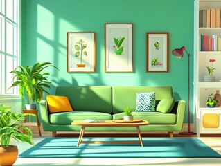 Kids living room designed in a clean, minimalistic 3D animated cartoon style