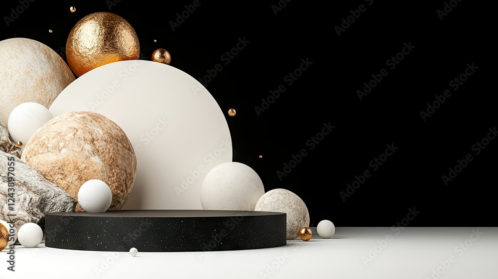 Poster creative display of textured spheres and circular forms arranged artistically on a black background 