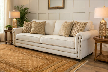 Neutral Cozy Minimalism, A cozy living room featuring a white sofa with decorative pillows, a stylish rug, and warm lighting from lamps.