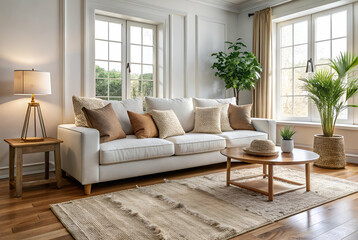 Neutral Cozy Minimalism, A cozy, well-lit living room featuring a white sofa, decorative pillows, a wooden coffee table, and indoor plants, creating a welcoming atmosphere.