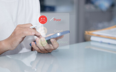 Customer expresses dissatisfaction with a sad face icon, concept of bad experience or bad service and customer dissatisfaction, low score in customer feedback assessment