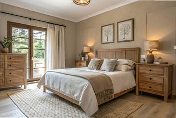 Neutral Cozy Minimalism, A cozy, modern bedroom featuring wooden furniture, soft lighting, and a serene atmosphere with natural elements.