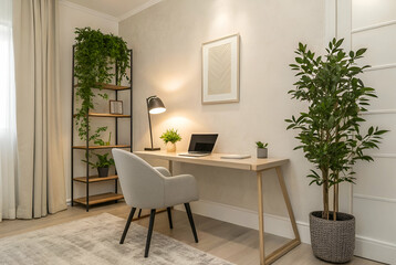 Neutral Cozy Minimalism, A stylish, modern workspace featuring a light-colored desk, a comfortable chair, and green plants, creating a serene and productive environment.