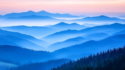 Obraz premium A misty mountain range with layers of hills fading into the distance, bathed in the soft light of dawn 