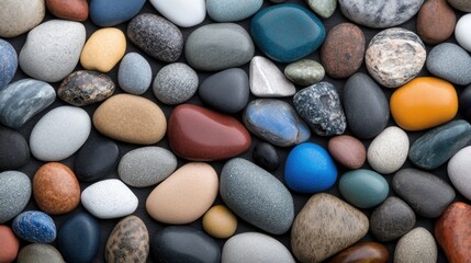 Colorful assortment of smooth stones found by a riverbank showcasing various sizes and hues under natural light