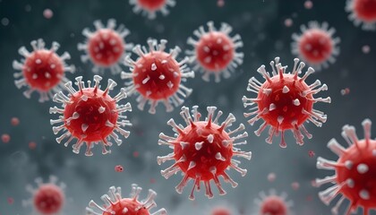 Partículas de virus rojos y grises flotando en un fondo borroso