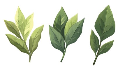 Fototapeta premium Illustrate bay leaves with deep green tones, showing their shape and texture, isolated on a white background
