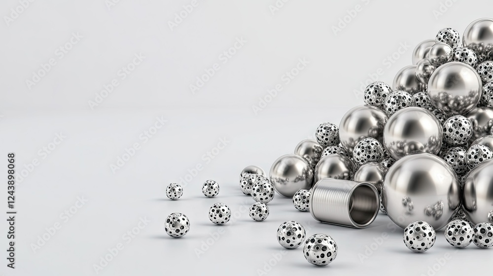 Poster scattered metallic spheres and hollow cylinders create an abstract composition in a minimalist setti