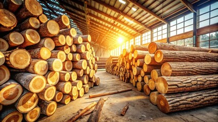 Sunlit Warehouse Filled with Stacked Timber Logs Ready for Processing